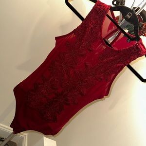 Sheer Floral Embroidery Burgundy Bodysuit
